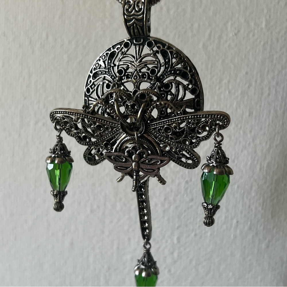 Elegant Silver Dragonfly Pendant and Necklace with Green Accents
